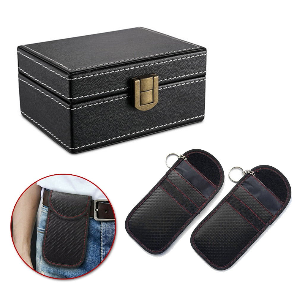3 pièces/ensemble voiture clé Signal bloqueur en bois Faraday boîte PU cuir Signal bloqueur pochette RFID sécurité antivol clé sac universel